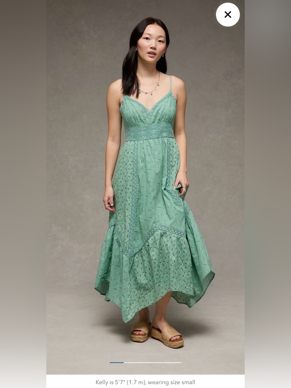 AE V-Neck Lace Inset Hanky Hem Midi Dress - Picture 3 of 5